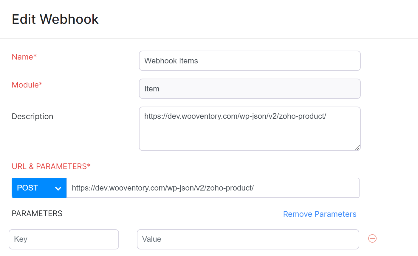 webhook zoho item