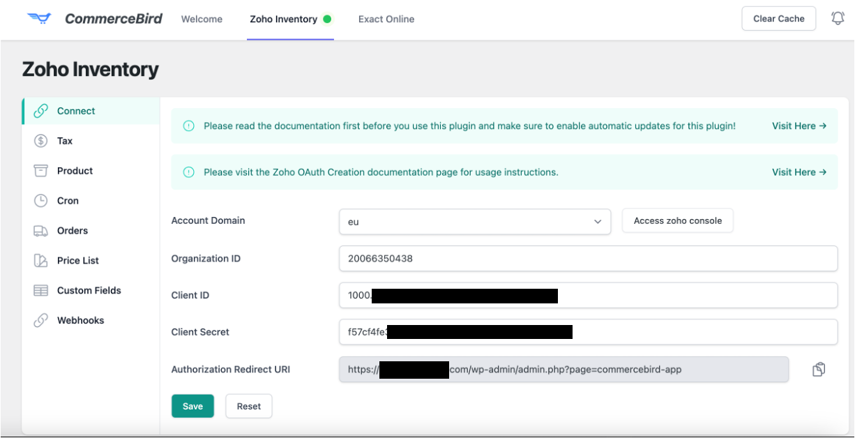 Zoho Inventory Connect tab